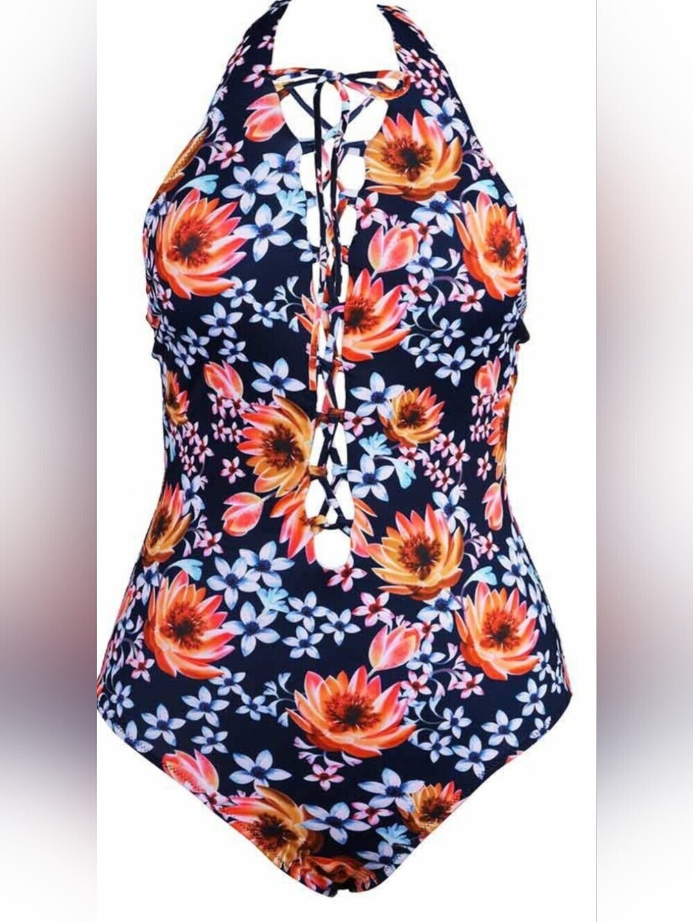Cupshe Navy Floral Lace-Up Halter One-Piece Swimsuit
